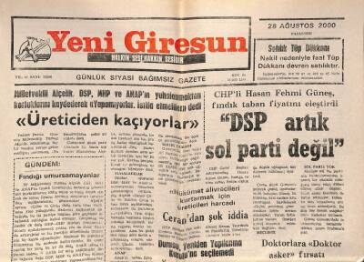 Yeni Giresun Gazetesi 28 Ağustos 2000 - CHPli Hasan Fehmi Güneş , Fındık Taban Fiyatını Eleştirdi GZ77949 - 1