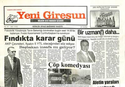 Yeni Giresun Gazetesi 28 Ağustos 2006 - Fındıkta Karar Günü GZ101868 - 2