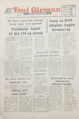 Yeni Giresun Gazetesi 28 Eylül 1991 Anap Ve Dyp Adayları Giresunda GZ25520 - 1