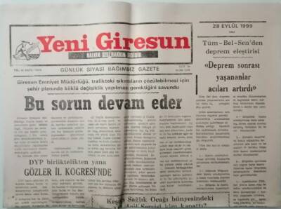 Yeni Giresun Gazetesi 28 Eylül 1999 Valinin Yokluğunda Tayin Komedisi -GZ33287 - 1