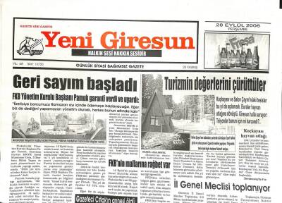 Yeni Giresun Gazetesi 28 Eylül 2006 - Turizmin Değerlerini Çürüttüler GZ107801 - 1