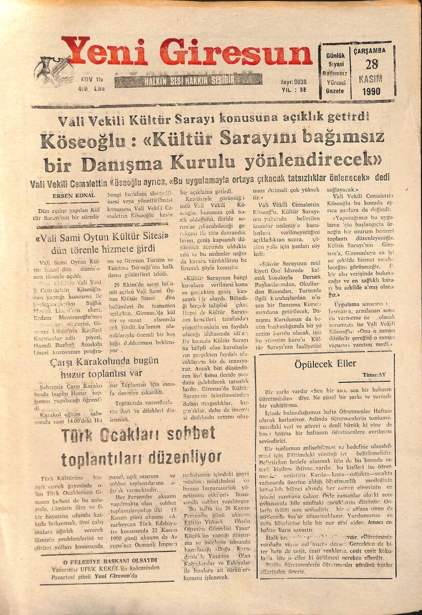 Yeni Giresun Gazetesi 28 Kasım 1990 - Türk Ocakları Sohbet Toplantıları Düzenliyor - Giresunspor Karagümrük'e Bileniyor GZ137763 - 1