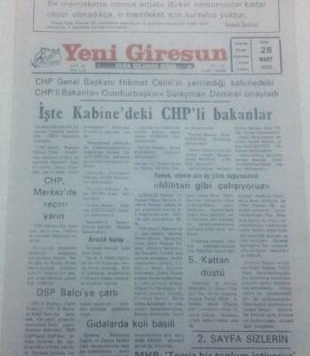 Yeni Giresun Gazetesi 28 Mart 1995 - İşte Kabinedeki CHPli Bakanlar GZ42187 - 1