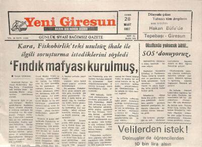 Yeni Giresun Gazetesi 28 Mart 1997 - Kara , Fiskobirlikteki Usulsüz İhale İle İlgili Soruşturma İstediklerini Söyledi GZ113132 - 1