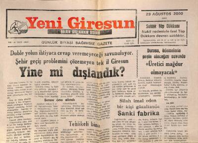 Yeni Giresun Gazetesi 29 Ağustos 2000 - Silah İmal Eden Bir Kişi Gözaltında GZ77963 - 1