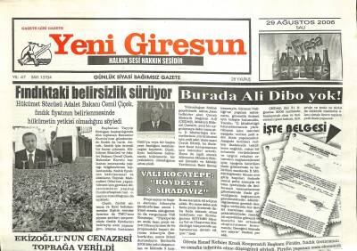 Yeni Giresun Gazetesi 29 Ağustos 2006 - Burada Ali Dibo Yok GZ101867 - 2