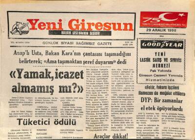 Yeni Giresun Gazetesi 29 Aralık 1998 - Göktaşın Derdi 900 Triyonluk Verginin Bağışlanması GZ77946 - 1