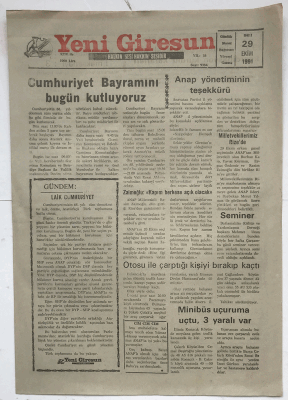 Yeni Giresun Gazetesi 29 Ekim 1991 - Cumhuriyet Bayramımız Kutlu Olsun GZ3734 - 1