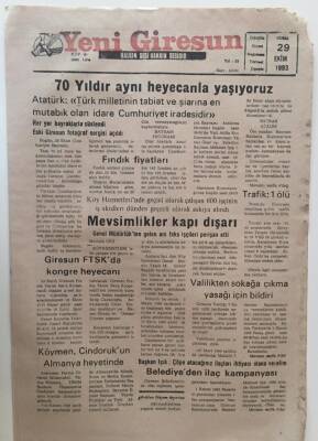 Yeni Giresun Gazetesi 29 Ekim 1993 - 70 Yıldır Aynı Heyecanla Yaşıyoruz GZ31065 - 1