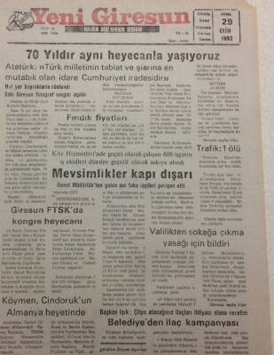 Yeni Giresun Gazetesi 29 Ekim 1993 - Mevsimlikler Kapı Dışarı GZ38202 - 1