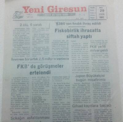 Yeni Giresun Gazetesi 29 Eylül 1992 - FKB İhracatta Siftah Yaptı GZ42193 - 1