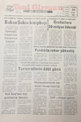 Yeni Giresun Gazetesi 29 Eylül 1993 Fındıkta Rekor Yükseliş GZ26023 - 1