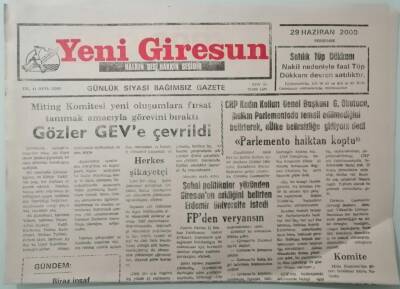Yeni Giresun Gazetesi 29 Haziran 2000 Miting Komitesi Yeni Oluşumlara Fırsat Tanımak Amacıyla Görevini Bıraktı -GZ37553 - 1