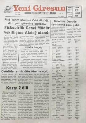Yeni Giresun Gazetesi 29 Kasım 1991 Fiskobirlik Genel Müdür Vekilliğine Akdağ Atandı GZ30467 - 1