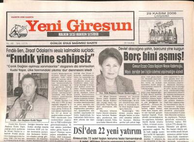 Yeni Giresun Gazetesi 29 Kasım 2006 - Fındık Yine Sahipsiz GZ107958 - 1