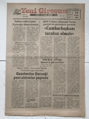 Yeni Giresun Gazetesi 29 Nisan 1993 - Cumhurbaşkanı Tarafsız Olmalı GZ7505 - 1