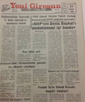 Yeni Giresun Gazetesi 29 Şubat 1992 - SHPnin Deniz Baykalı Desteklemesi İşi Bozdu GZ35440 - 1