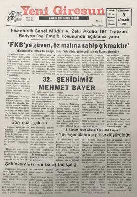 Yeni Giresun Gazetesi 3 Ağustos 1994 1.Kümbet Yayla Şenliği Ağası Atıf Larçın Yayla Şenliklerine Gölge Düşürüldü GZ30011 - 1
