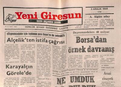 Yeni Giresun Gazetesi 3 Aralık 1999 - Alçelikten İstifa Çağrısı GZ77975 - 1