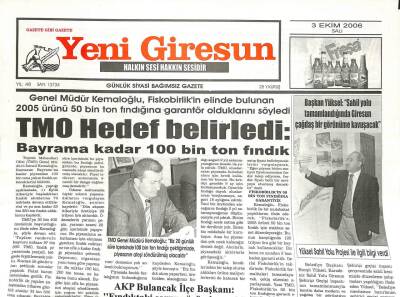 Yeni Giresun Gazetesi 3 Ekim 2006 - TMO Hedef Belirledi Bayrama Kadar 100 Bin Ton Fındık GZ107909 - 1