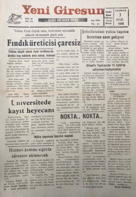 Yeni Giresun Gazetesi 3 Eylül 1990 Taban Fiyat Düşük Ama Üreticinin Mücadele Edecek Ekonomik Gücü Yok GZ30148 - 1