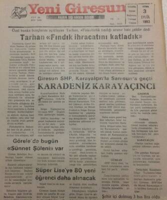 Yeni Giresun Gazetesi 3 Eylül 1993 - Tarhan Fındık İhracatını Katladık GZ35454 - 1