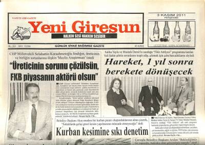 Yeni Giresun Gazetesi 3 Kasım 2011 - Kurban Kesimine Sıkı Denetim GZ108877 - 1