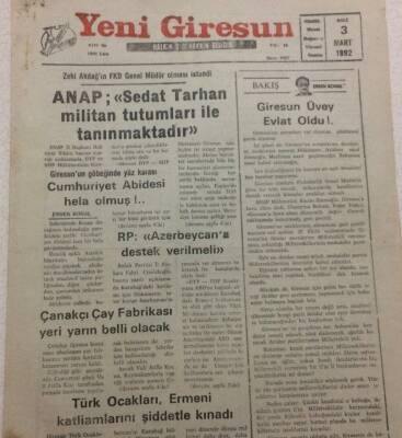 Yeni Giresun Gazetesi 3 Mart 1992 - Cumhuriyet Abidesi Hela Olmuş GZ35437 - 1