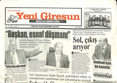 Yeni Giresun Gazetesi 3 Mart 2008 - Ali Kara Başkan Esnaf Düşmanı GZ101955 - 2