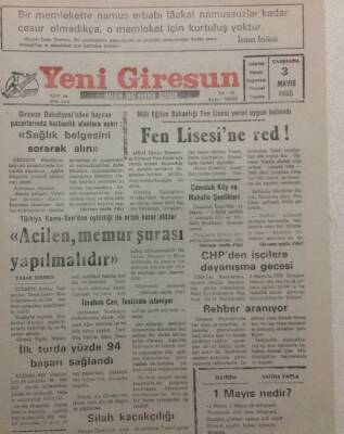 Yeni Giresun Gazetesi 3 Mayıs 1995 - Fen Lisesine Red GZ34654 - 1