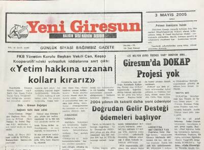 Yeni Giresun Gazetesi 3 Mayıs 2005 Doğrudan Gelir Desteği Ödemeleri Başlıyor GZ30337 - 1