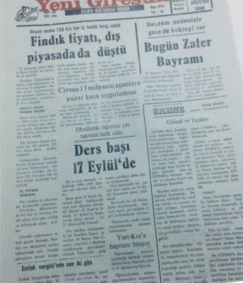Yeni Giresun Gazetesi 30 Ağustos 1990 - Fındık Fiyatı Dış Piyasada Düştü GZ40711 - 1