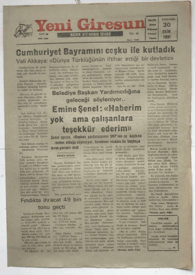 Yeni Giresun Gazetesi 30 Ekim 1991 - Fındıkta İhracat 49 Bin Tonu Geçti GZ3738 - 1