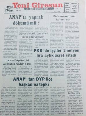 Yeni Giresun Gazetesi 30 Eylül 1992 - Anapta Yaprak Dökümü mü? GZ41352 - 1