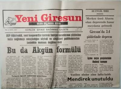 Yeni Giresun Gazetesi 30 Eylül 1999 İçme Suyu Projelerinin İhalesi Tamam -GZ33285 - 1