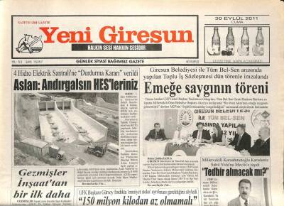 Yeni Giresun Gazetesi 30 Eylül 2011 - Andırgalsın HESleriniz GZ108942 - 1