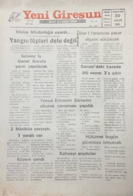 Yeni Giresun Gazetesi 30 Kasım 1991 Sanayideki Kazada Ölü Sayısı 3e Çıktı GZ25549 - 1