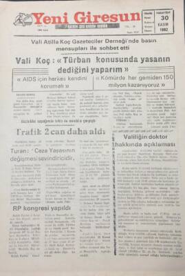 Yeni Giresun Gazetesi 30 Kasım 1992 Vali Koç Türban Konusunda Yasanın Dediğini Yaparım GZ25626 - 1