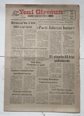 Yeni Giresun Gazetesi 30 Nisan 1993 - Giresun da 5 Bin 600 Kişi İşsiz GZ7504 - 1