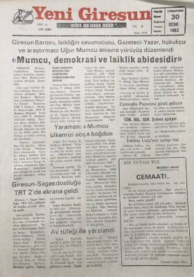 Yeni Giresun Gazetesi 30 Ocak 1993 Dyp İl Başkanı Mehmet Yaraman Mumcu Ülkemizi Acıya Boğdu GZ30674 - 1