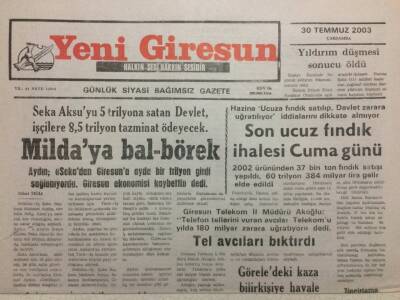 Yeni Giresun Gazetesi 30 Temmuz 2003 - Son Ucuz Fındık İhalesi Cuma Günü GZ38226 - 1