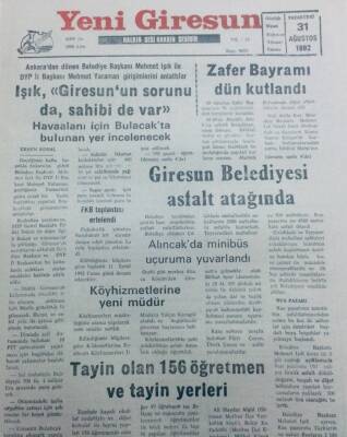 Yeni Giresun Gazetesi 31 Ağustos 1992 - Giresun Belediyesi Asfalt Atağında GZ40734 - 1