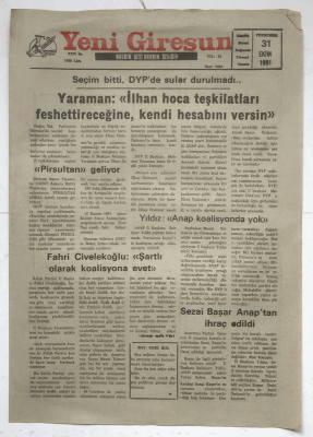 Yeni Giresun Gazetesi 31 Ekim 1991 - Başkan Mehmet Bulut Dert Küpü GZ3736 - 1