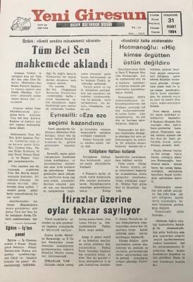 Yeni Giresun Gazetesi 31 Mart 1994 Mustafa Hotmanoğlu Kendimizi Halka Anlatamadık GZ25960 - 1