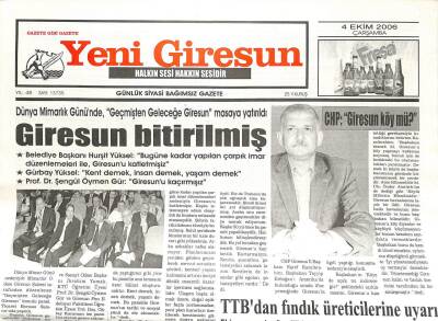 Yeni Giresun Gazetesi 4 Ekim 2006 - Bektaşoğlu AKP Ekonomiyi İflas Ettirdi GZ107912 - 1