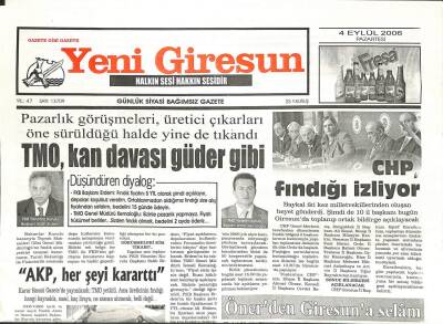 Yeni Giresun Gazetesi 4 Eylül 2006 - CHP Fındığı İzliyor GZ107843 - 1