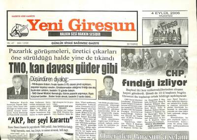 Yeni Giresun Gazetesi 4 Eylül 2006 - TMO Kan Davası Güder Gibi GZ101862 - 1