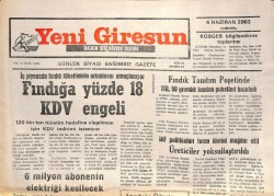 Yeni Giresun Gazetesi 4 Haziran 2003 - Fındığa Yüzde 18 KDV Engeli GZ101764 - 2