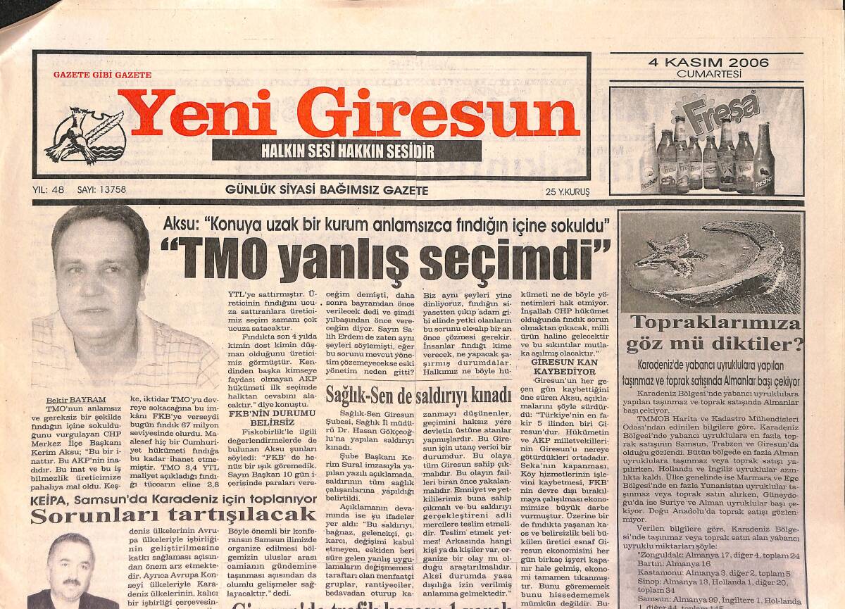 Yeni Giresun Gazetesi 4 Kasım 2006 - Kerim Aksu: TMO Yanlış Seçimdi - Sökenspor Çıkışını Sürdürmek İstiyor GZ153411 - 1