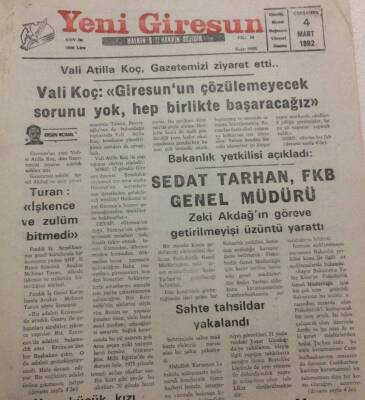 Yeni Giresun Gazetesi 4 Mart 1992 - Sedat Tarhan FKB Genel Müdürü GZ35439 - 1